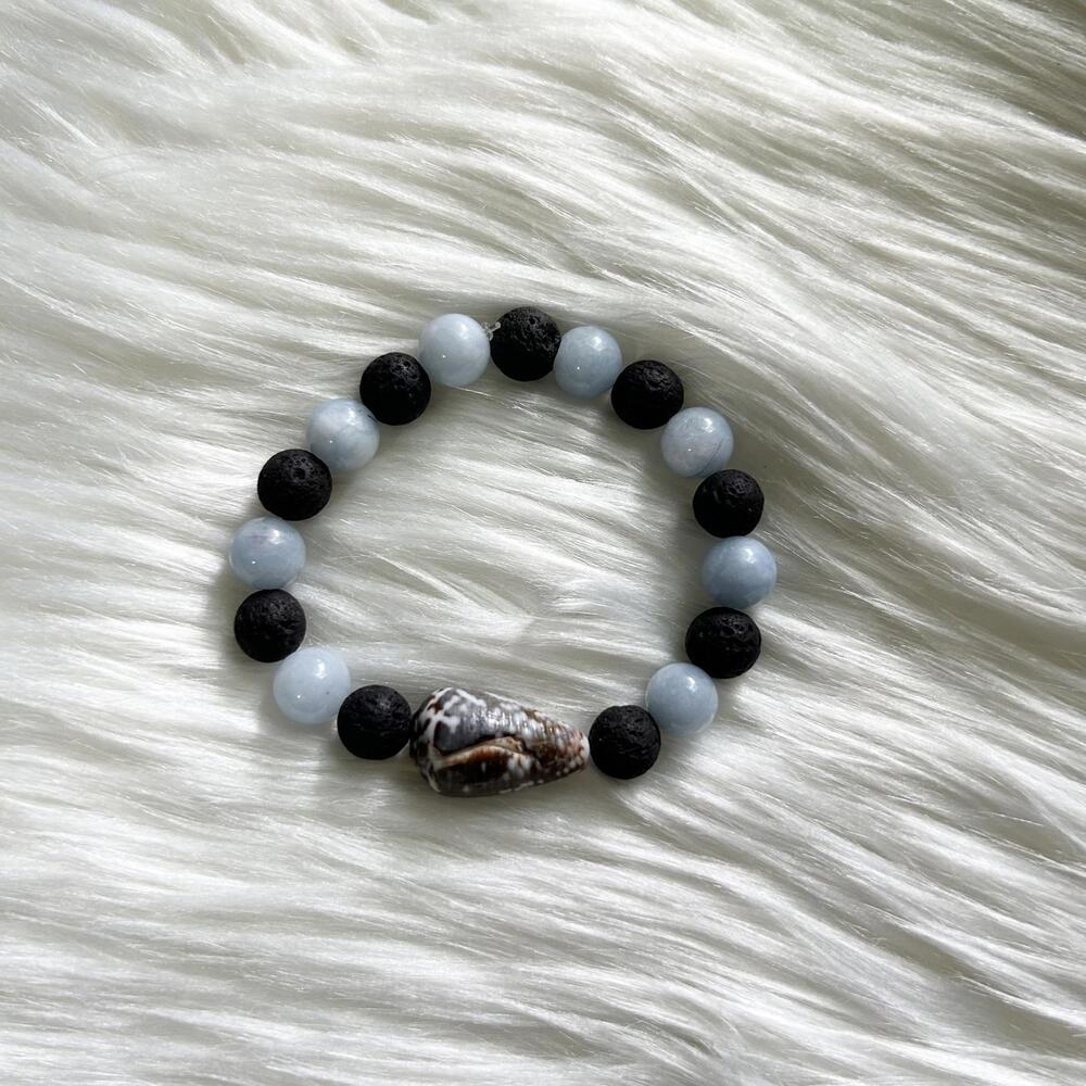 Hawaiian Cat Cone Shell Black Lava Rock Bead Blue Bead Stretchy Bracelet